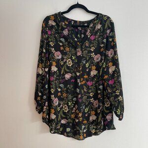 Tahari Dark Floral Popover Blouse Top Split Neck Minimalist Office Black 1X NWT